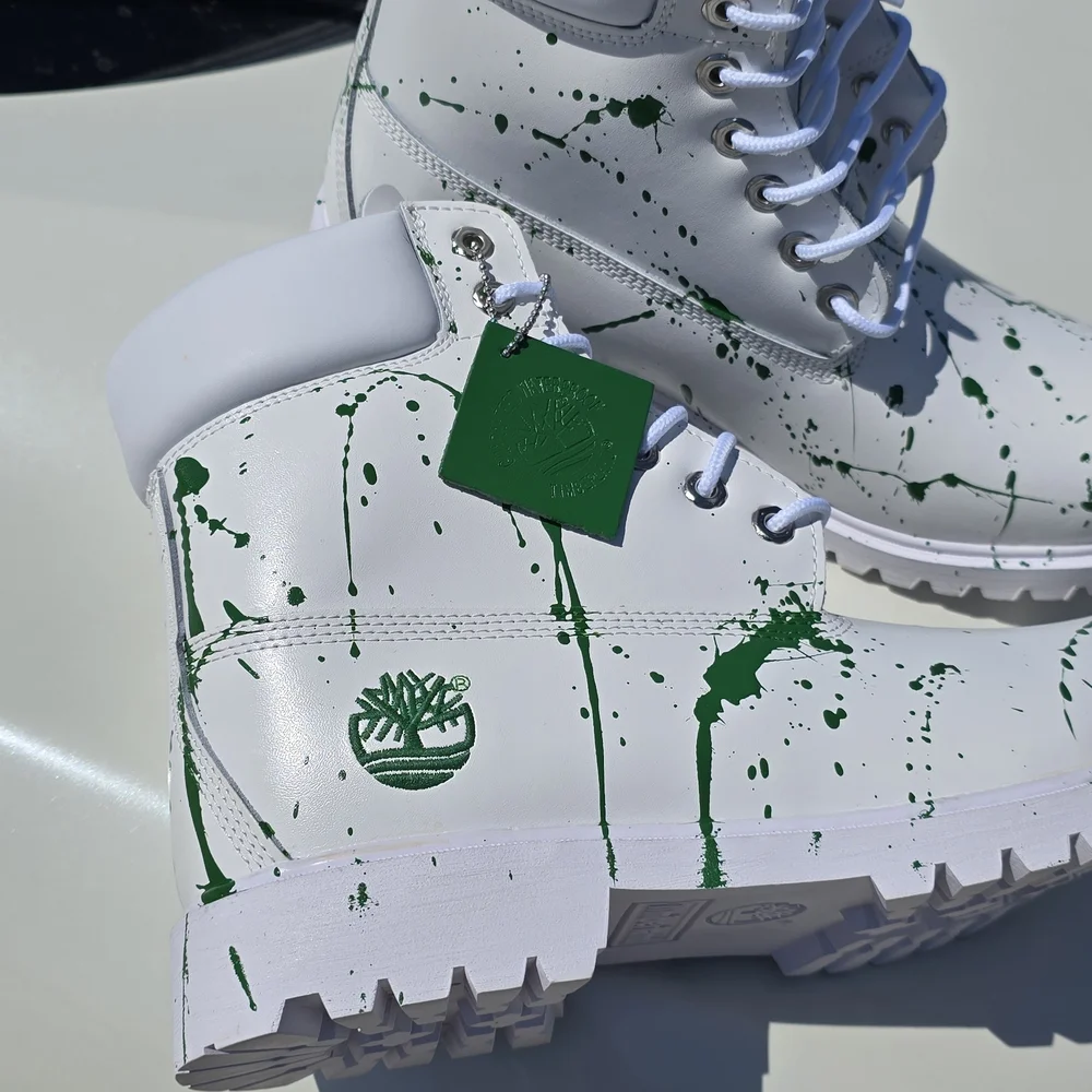 Mens New Limited Custom Timberland White and Green Splatter Boots